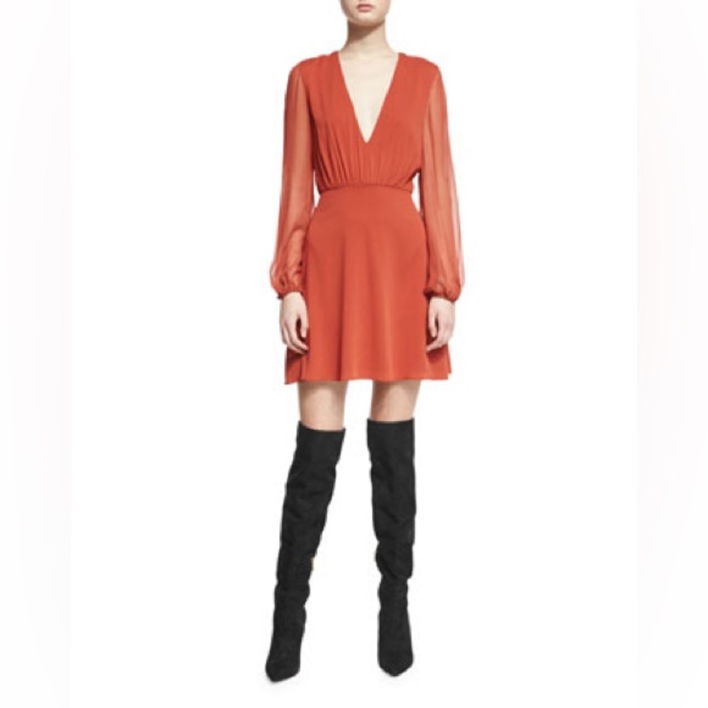 Alice + Olivia Cary Long-Sleeve Stretch Silk A-Line Dress Size 2 in Rust Orange